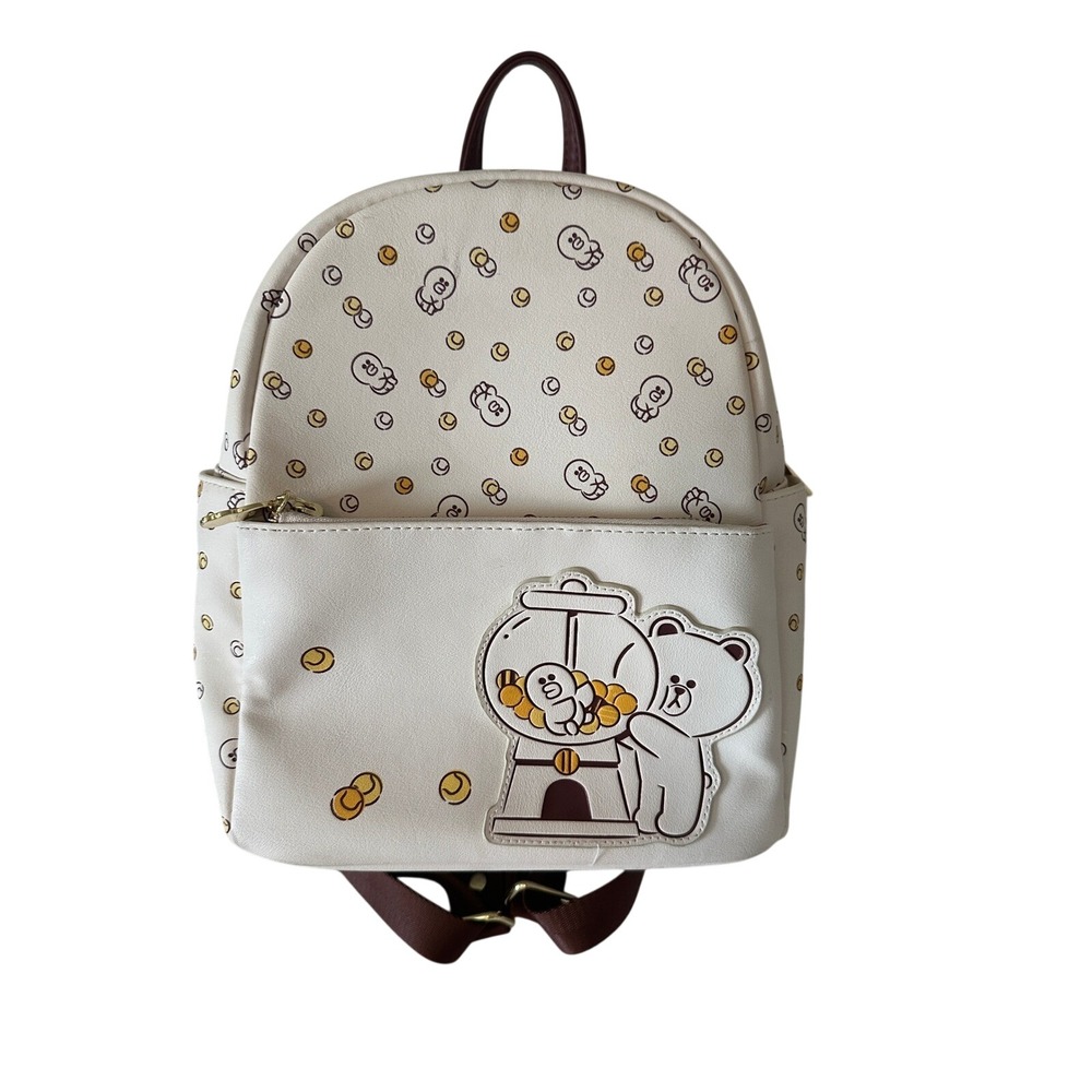 LINE‎ FRIENDS Brown Bear Gumball Machine Mini Backpack Cream Maroon Faux Leather